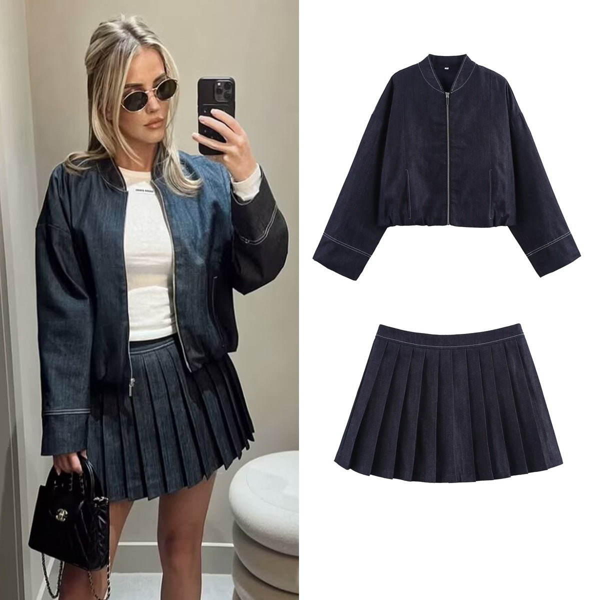 Denim Pilot Jacket Wide Pleated Denim Skirted Leggings