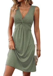 Vibrant Solid Color Twist Front Knit Dress - Elegant V-Neck Sleeveless Polyester Dress For Women - Customized Summer Fashion With Micro Elasticity And No Printing