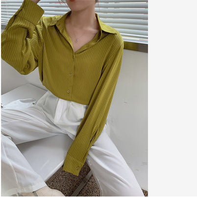 French Long-sleeved Women's Lapel Loose Vertical Striped Shirt