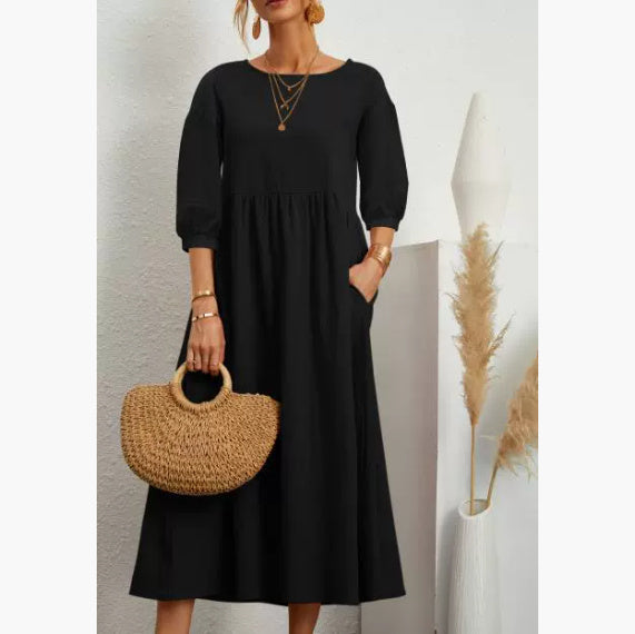 Summer Short-sleeved Dress With Pockets Fashion Solid Round Neck A-line Dresses For Women Clothing