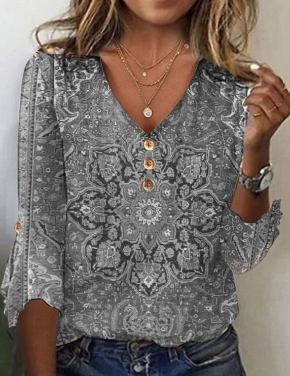 Women's Fall V-neck Bell Sleeve Printed T-shirt Top