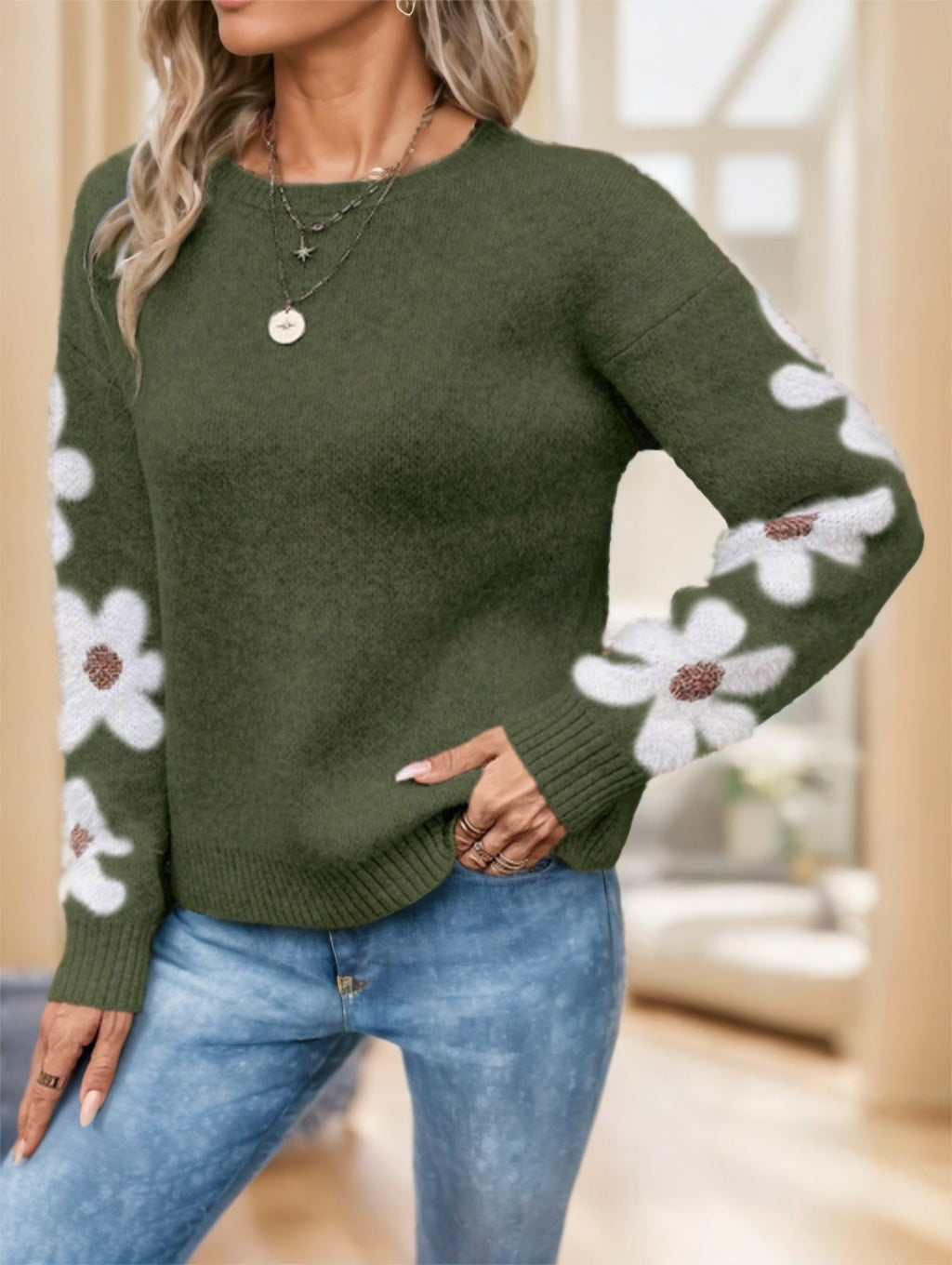 Floral Pattern Drop Shoulder Sweater,Long Sleeve Tops