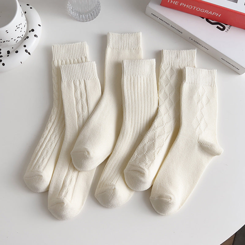 White Socks Women's Mid Tube Stockings Thick Thread Diamond Lattice Autumn And Winter