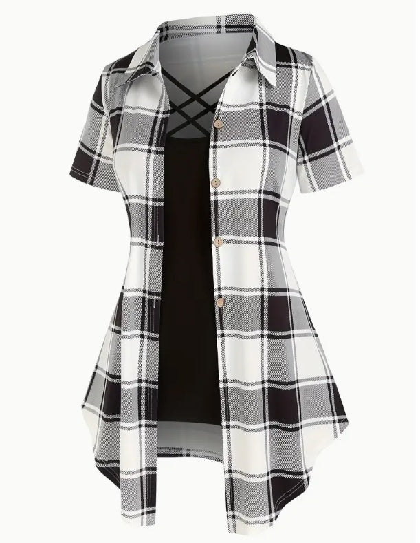 Unity AB Splicing Collar Turn-D2 In 1 Plaid Short-Sleeved T-Shirt