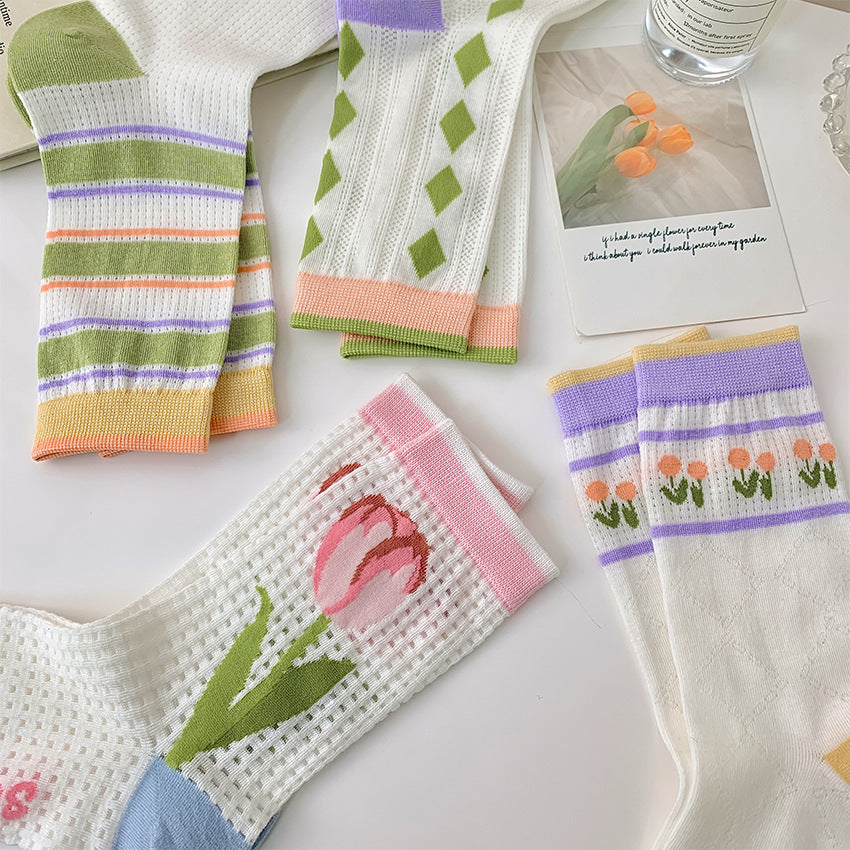 Flower Socks Women's Mid Tube Cute Mesh Stockings