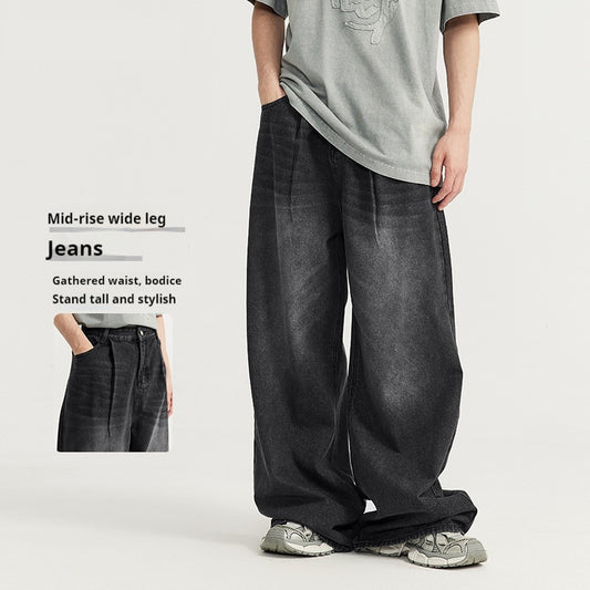 Loose Straight Men's Clothing Mid-high Waist Washed Wide Leg Jeans