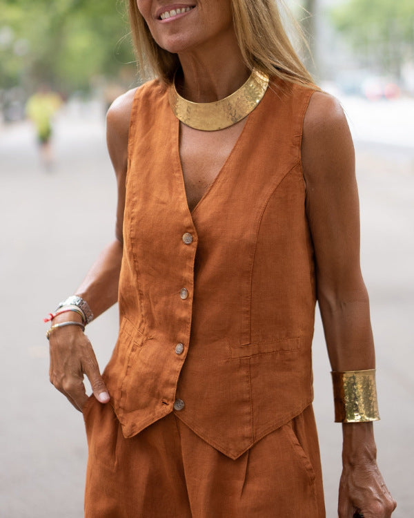 Women's Solid Color Loose Cotton Linen Top Vest