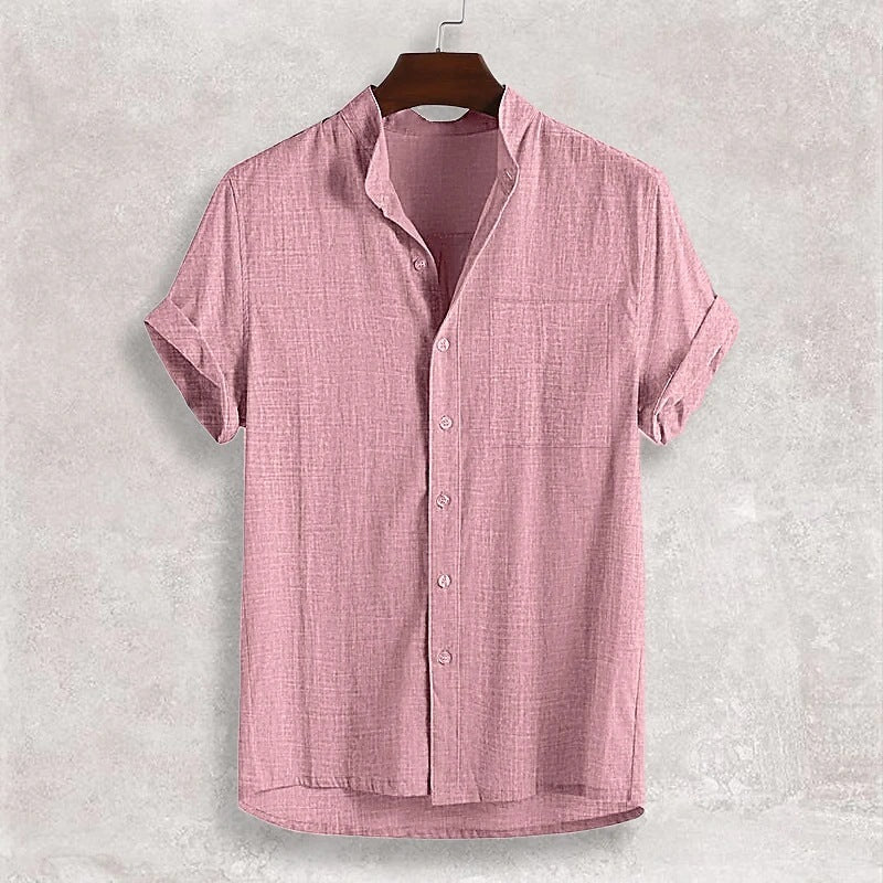 Men's Stand Collar Cotton Cardigan Short Sleeve Thin