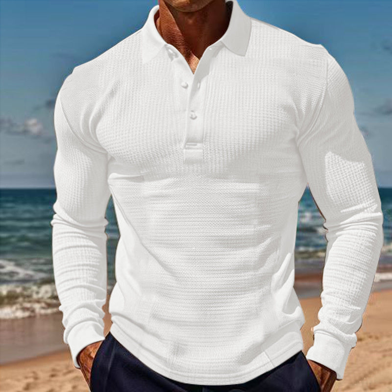 Lapel Button Long Sleeve Vacation Casual T-shirt