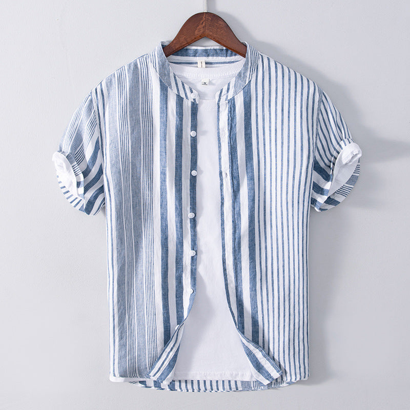 Men's Half Sleeve Striped Shirt Casual Linen Breathable Color Matching Short Sleeve Shirt Men