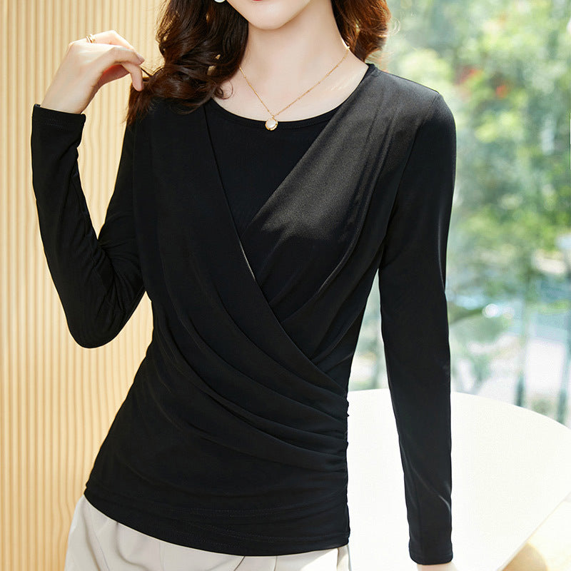 Crew Neck Crisscross Pleated Bottoming Ladies Blouse Top