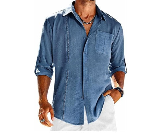 Casual Long Sleeve Shirt With Pocket Lace Polo Collar Solid Color Button Mens Clothing