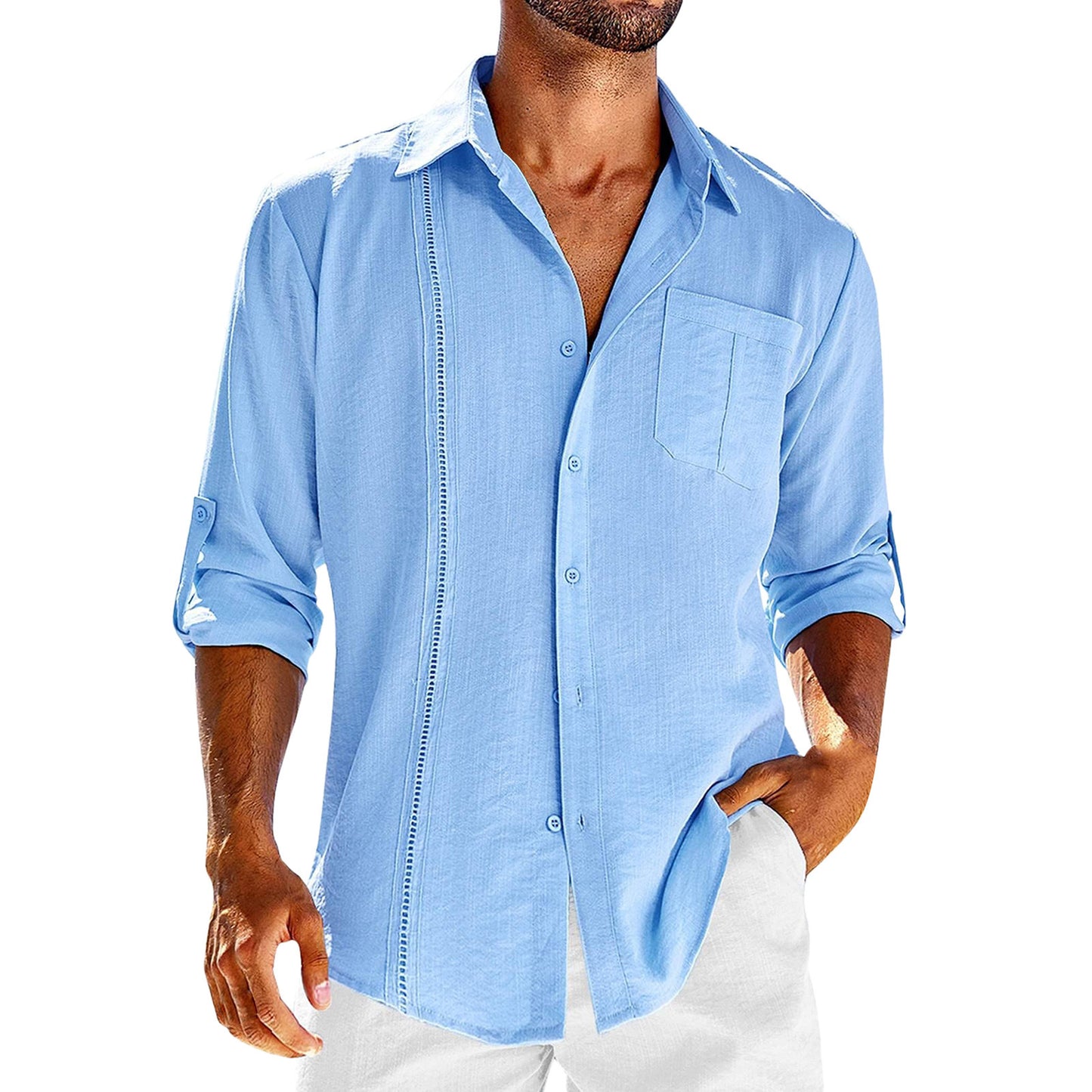 Casual Long Sleeve Shirt With Pocket Lace Polo Collar Solid Color Button Mens Clothing