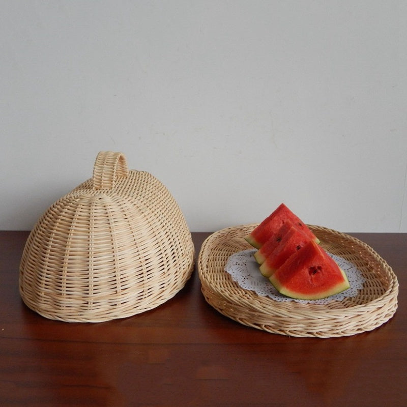 Tray With Lid Food Cover Dustproof Storage Rattan Basket