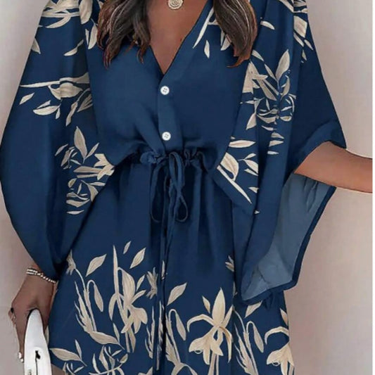 Women's Printed Batwing Sleeve Dress With Botanical Design