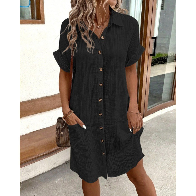 Summer Simplicity V-neck Buttons Cotton Linen Women's Shirt Dress
