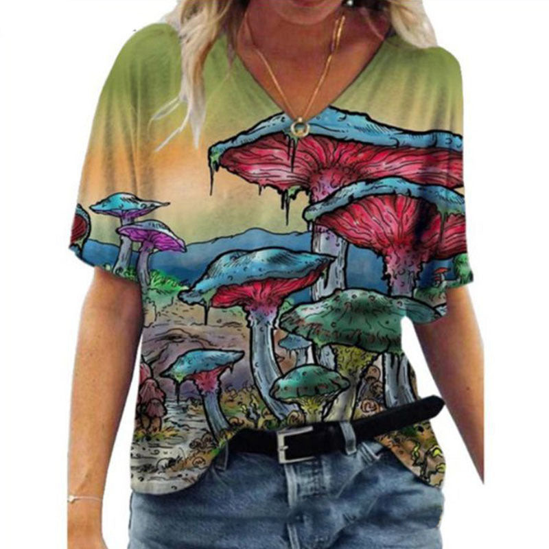 Oversized Loose V-neck Printed Short-sleeved T-shirt