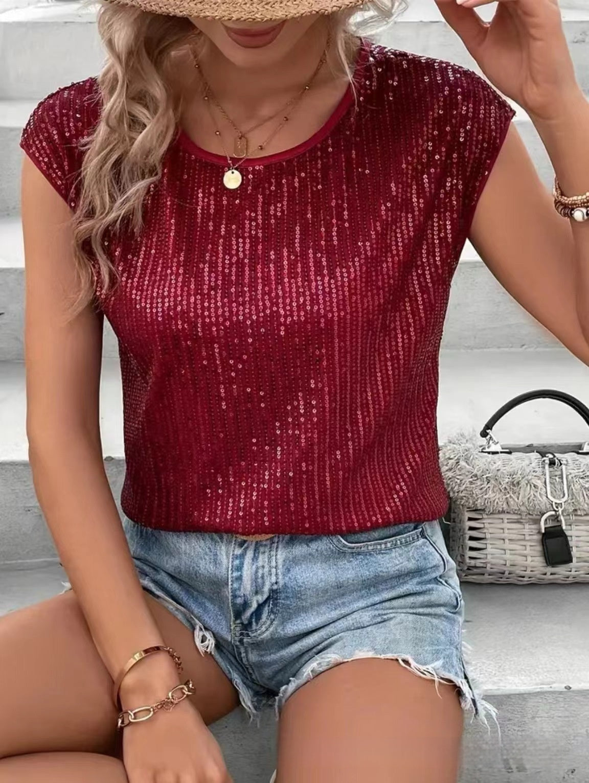 Party Round Neck Sleeveless Top Women's Sequined T-shirt