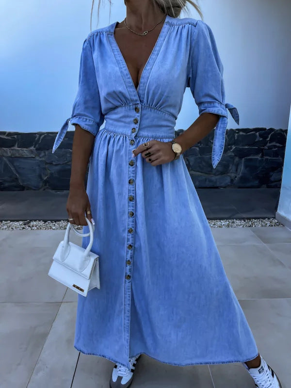 V-neck Short Sleeve Loose Denim Long Button Dress