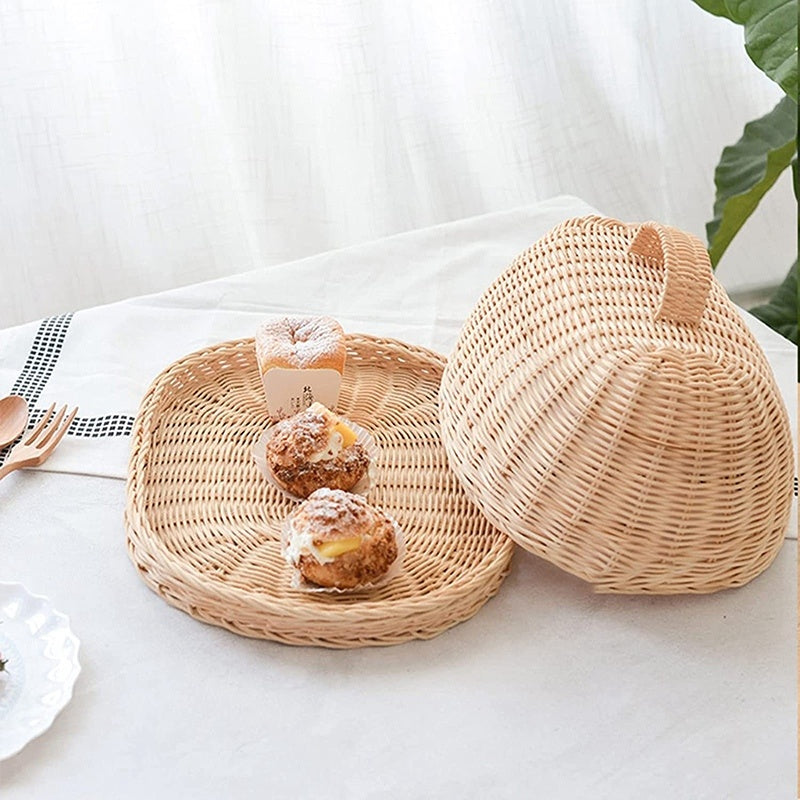 Tray With Lid Food Cover Dustproof Storage Rattan Basket