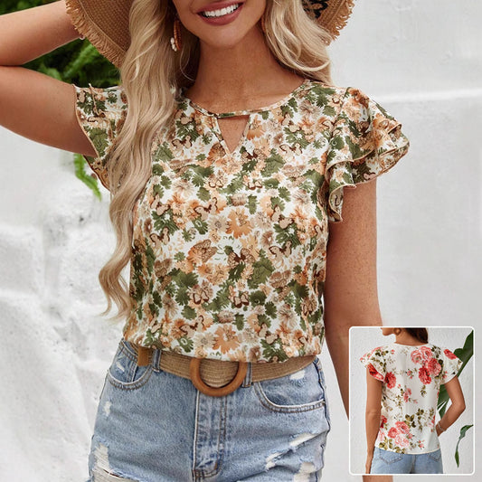 Floral Print Short Sleeve Shirt Summer Fashion Ruffled Tops Women's Clothing