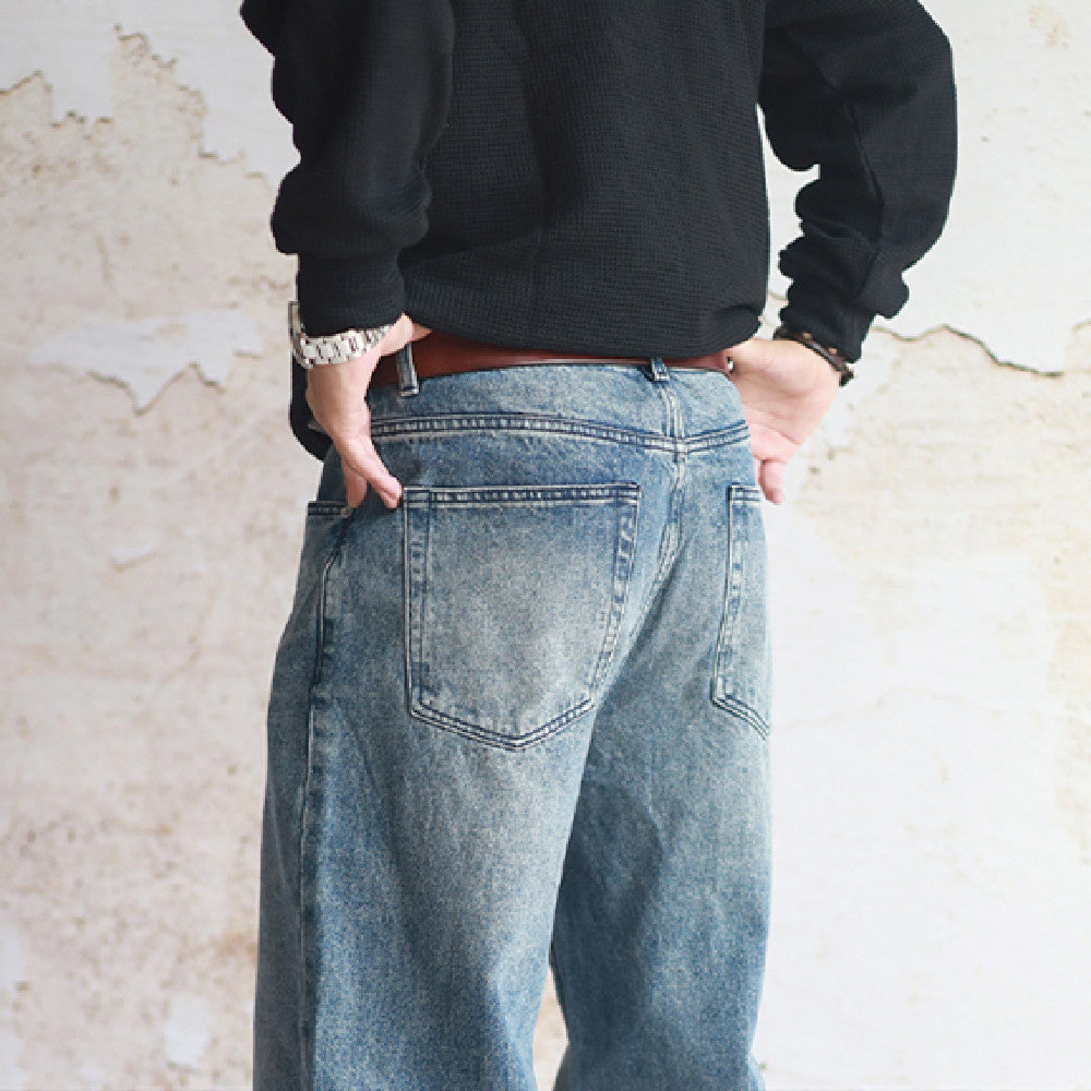 Heavy Water Washed Old Straight Leg Jeans For Men, Khaki