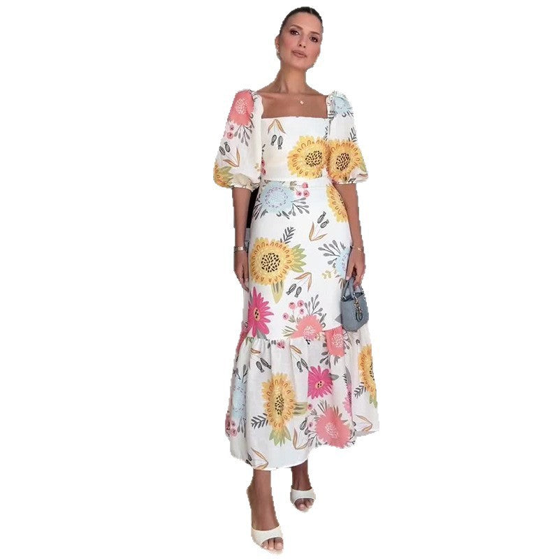 Square Collar Puff Sleeve Waist Trimming Printing Stitching Dress