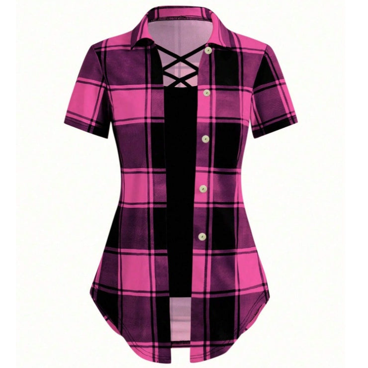 Unity AB Splicing Collar Turn-D2 In 1 Plaid Short-Sleeved T-Shirt