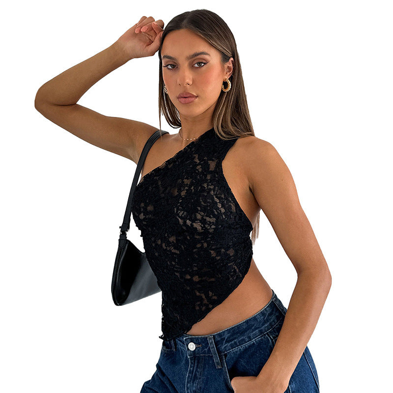 Lace Diagonal Collar Cardigan Loose Stitched Backless Solid Color Top