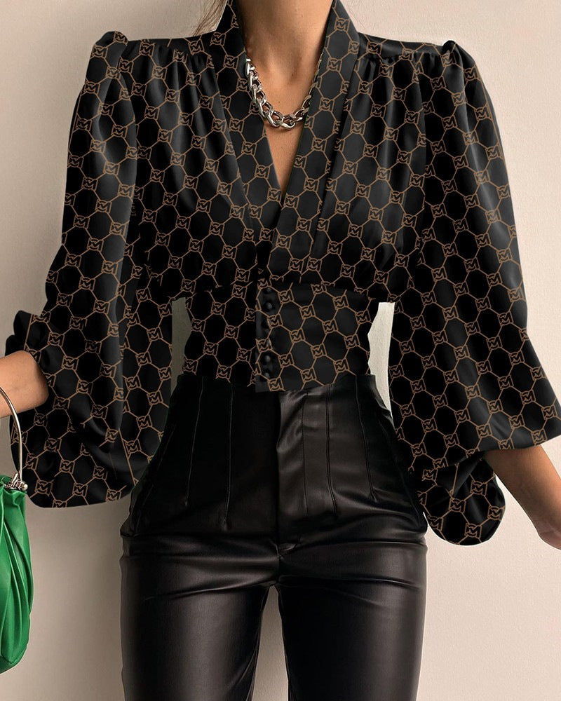 V Neck Waisted Single Breasted Lantern-sleeved Long-sleeved Shirt