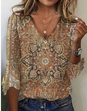 Women's Fall V-neck Bell Sleeve Printed T-shirt Top