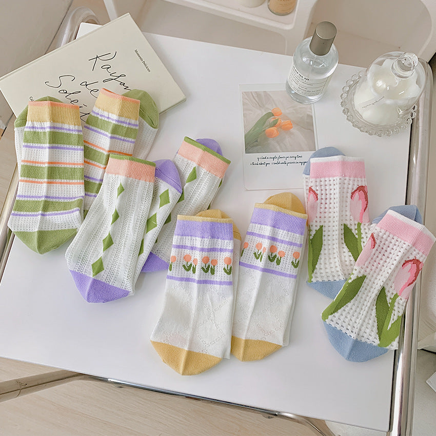 Flower Socks Women's Mid Tube Cute Mesh Stockings