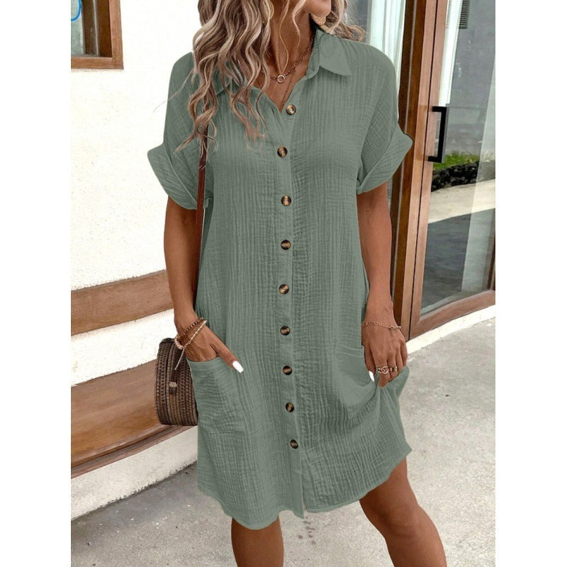 Summer Simplicity V-neck Buttons Cotton Linen Women's Shirt Dress