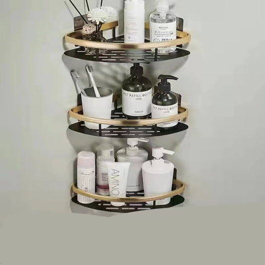 Bathroom Perforated Triangle Suction Cup Tripod Black Gold Rectangular Shelving