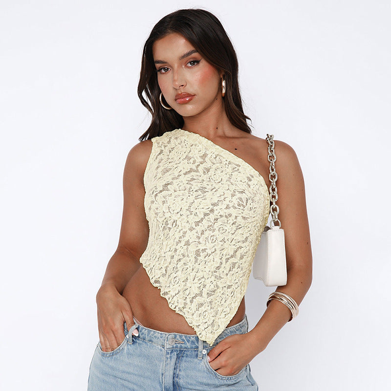 Lace Diagonal Collar Cardigan Loose Stitched Backless Solid Color Top