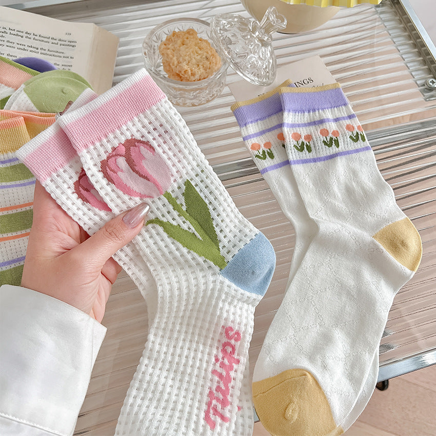 Flower Socks Women's Mid Tube Cute Mesh Stockings