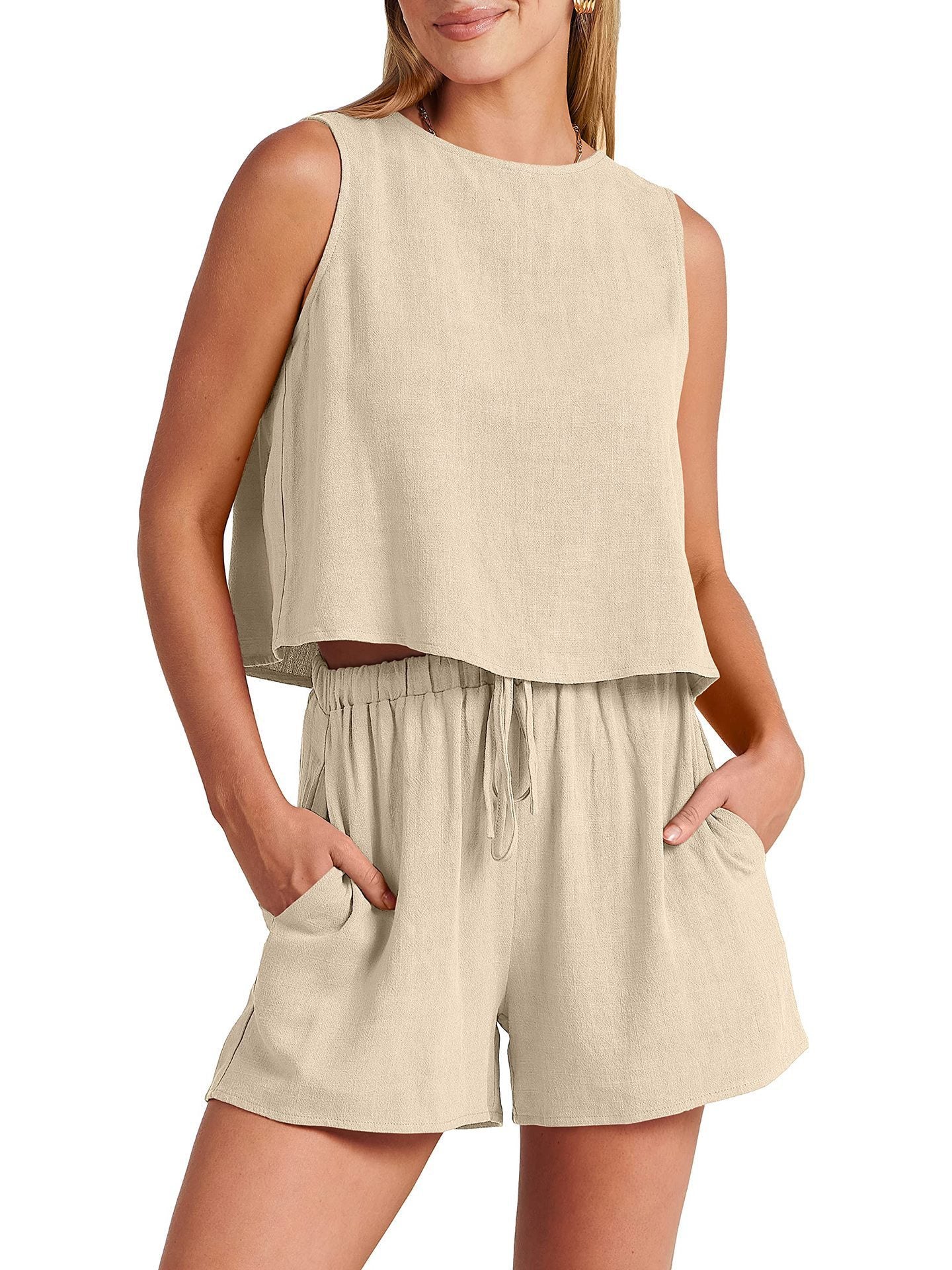 Women's Casual Sleeveless Loose Cotton Linen Shorts Two-piece Suit