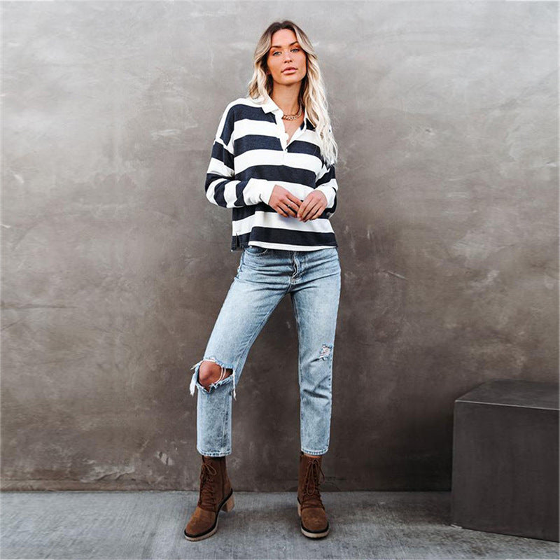 Ladies Striped Print Lapel Collar Button Long Sleeve T-Shirt