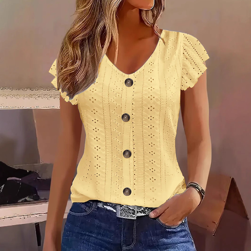 Solid Color Jacquard V-neck Buttons Long Sleeve T-shirt