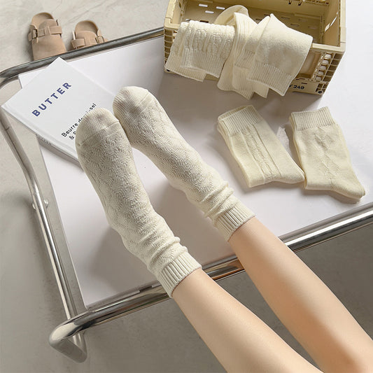White Socks Women's Mid Tube Stockings Thick Thread Diamond Lattice Autumn And Winter