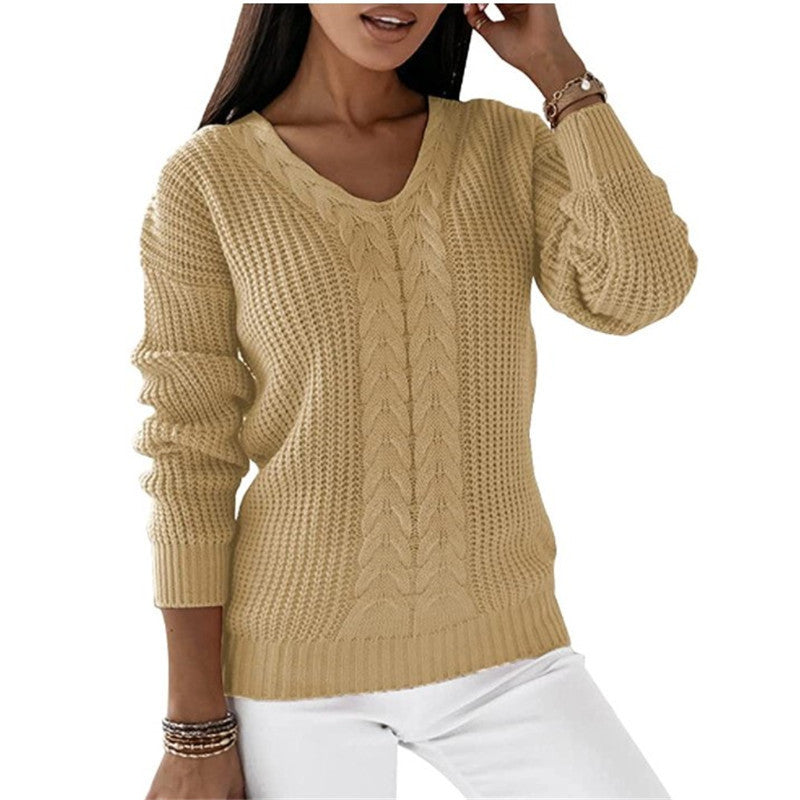 Long-sleeved V-neck Solid Color Twist Casual Knitted Pullover Top