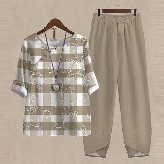 Spring New Women's Five-quarter Sleeve Printed Top Two-piece Pants
