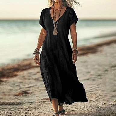 Loose Solid Color And V-neck Cotton And Linen Dress