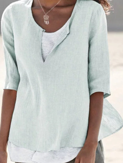 Spring And Summer New Solid Color Cotton And Linen V Neck Blouse