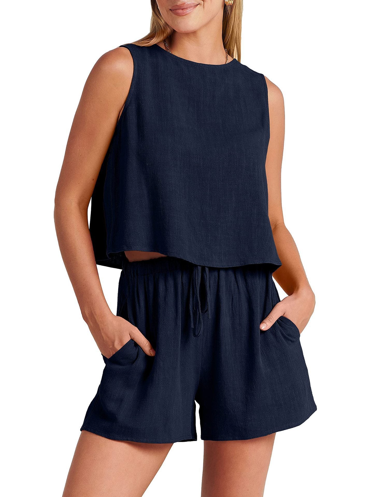 Women's Casual Sleeveless Loose Cotton Linen Shorts Two-piece Suit