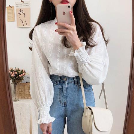 Embroidered lace long sleeve shirt