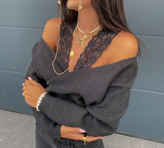 Sexy solid color lace sling strapless long sleeve top