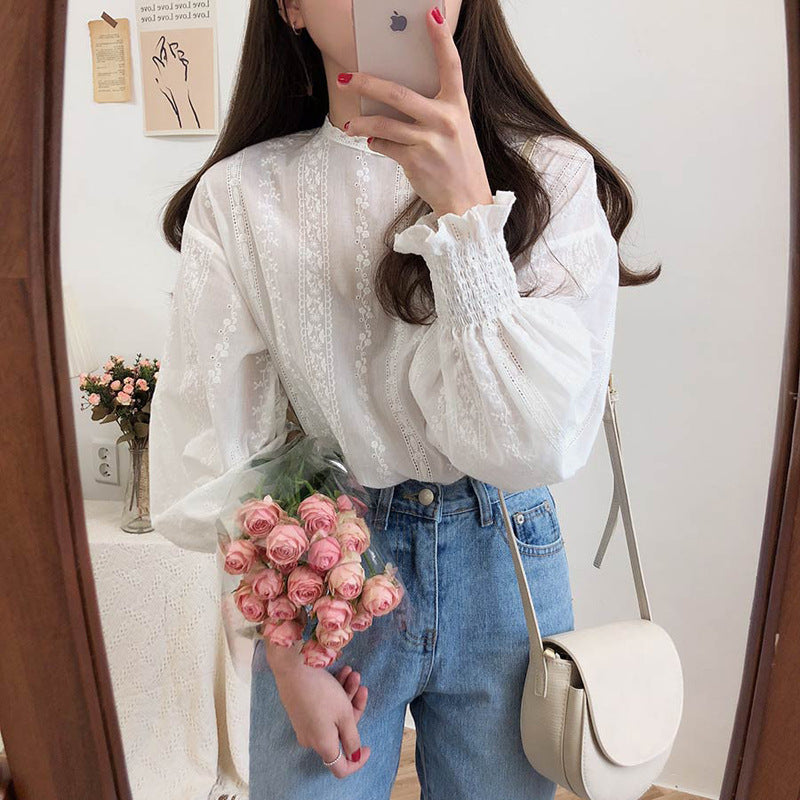 Embroidered lace long sleeve shirt