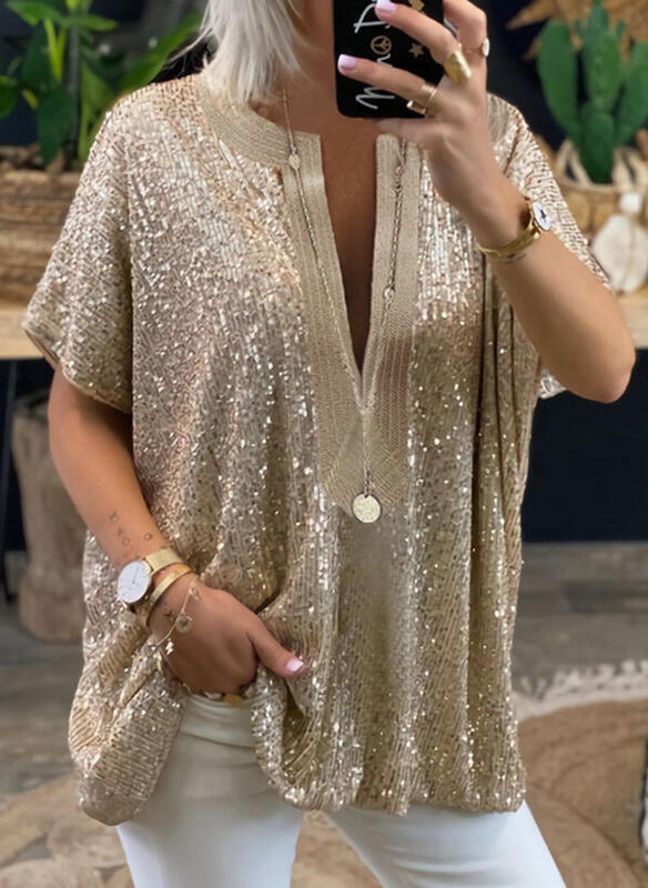 Loose Sequined V-neck Short-sleeved Casual Shirt