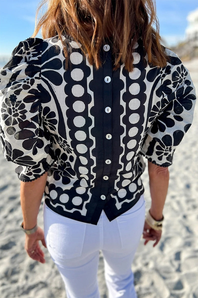Round Neck Pullover Unique Design Floral Print Short Sleeve T-shirt